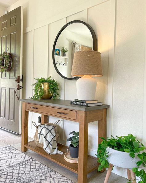 Wainscoting Ideas Front Entrance, Buffet Table Ideas Decor Entryway, Accent Entry Wall Entryway, Front Entry Wainscotting, Board And Batten Entryway With Mirror, Board And Batten Entryway With Table, Entryway Ideas Wainscoting, Front Entry Accent Wall, Foyer Accent Wall Entryway