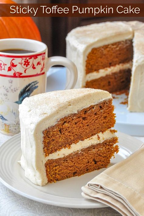 Sticky Toffee Pumpkin Cake with Brown Butter Cream Cheese Frosting. Inspired by my favourite English dessert, this cake has become a seasonal favourite but can be made at any time for year using canned pumpkin puree. #pumpkinspice #fallrecipes #pumpkinrecipes #oldfashionedrecipes Brown Butter Cream Cheese Frosting, Brown Butter Cream Cheese, Deserturi Raw Vegan, Christmas Cream, English Desserts, Butter Cream Cheese Frosting, Pumpkin Syrup, Vegan Pumpkin Spice, British Desserts