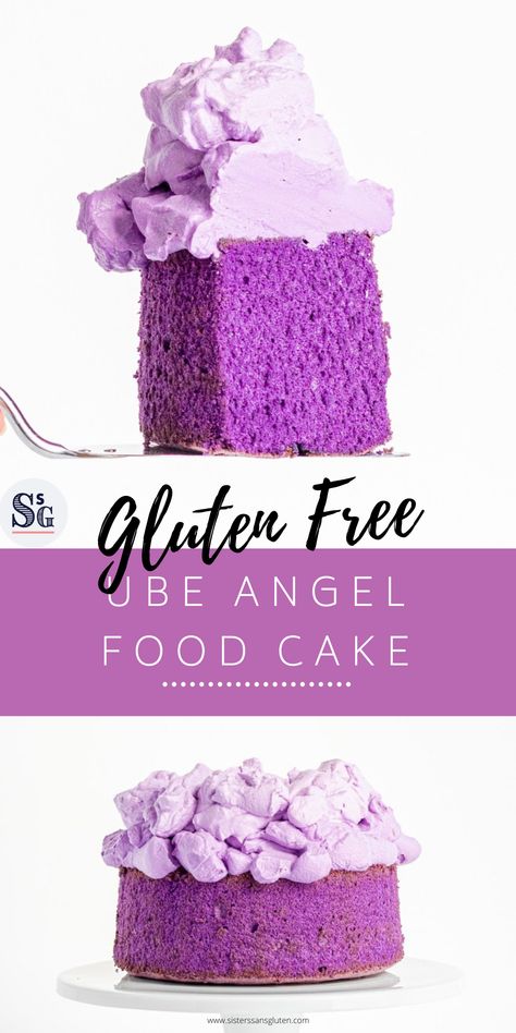 This incredibly fluffy and light angel food cake is flavored, and colored, with ube – or purple yam – and topped with ube whipped cream! Ube Whipped Cream, Ube Sponge Cake Recipe, Gluten Free Ube Cake, Taro Cake Recipe, Ricotta Cupcakes, Ube Cheesecake Recipe, Ube Recipe, Gluten Free Sponge Cake, Ube Cheesecake