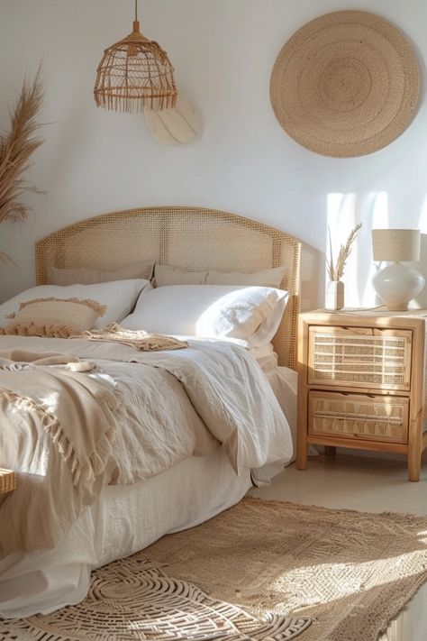 Discover 9 boho bedroom layouts perfect for crafting a cozy, stylish home. This pin emphasizes warm textiles and plants to create a beautiful bohemian haven. Macrame Bedroom Decor, Unique Tapestries, Boho Bedroom Ideas Bohemian Cozy, Boho Room Ideas, Macrame Bedroom, Wicker Bedroom, Colorful Bedding, Rattan Bed, Boho Bedroom Ideas