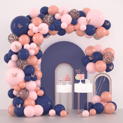 PRICES MAY VARY. 【Gender Reveal Balloon Arch Kit -Package】 140PCS navy and rose gold balloon garland arch include 12 inch balloons(navy*30pcs/rose gold*20pcs/pink*15pcs),18 inch-balloons(navy*2pcs/pink*2pcs),5-inch-balloons(navy*20pcs/rose-gold*15pcs/pink*10pcs),12 inch navy confetti balloons*8pcs,3d rose gold butterfly sticker*12pcs,5pcs balloon glues(20 glues/PCS) and balloon strip*1 roll. 【Premium Quality of Gender Reveal Balloons】 The baby shower party balloons are made in great quality late Blue And Pink Balloon Garland, Navy Blue Balloon Garland, Gold Theme Party Decorations, Gender Reveal Balloon Arch, Blue Balloon Garland, Pink Balloon Garland, Gold Theme Party, Black And Gold Party Decorations, Balloons Arch