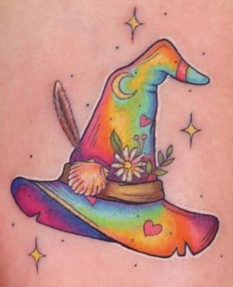 Wizard Hat Tattoo, Witch Hat Nails, Hat Tattoo, Bestie Tattoo, Aries Tattoo, Clever Tattoos, Witch Tattoo, Wizard Hat, Cartoon Character Tattoos