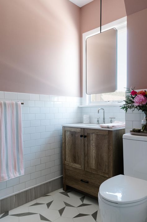 Why this designer keeps a ‘love list’ of products and vendors Mirror In Front Of Window, Bathroom With Mirror, Pink Painted Walls, Pink Toilet, Wooden Bathroom Cabinets, Bungalow Interiors, Console Table Styling, White Bathroom Tiles, Bathroom Transformation