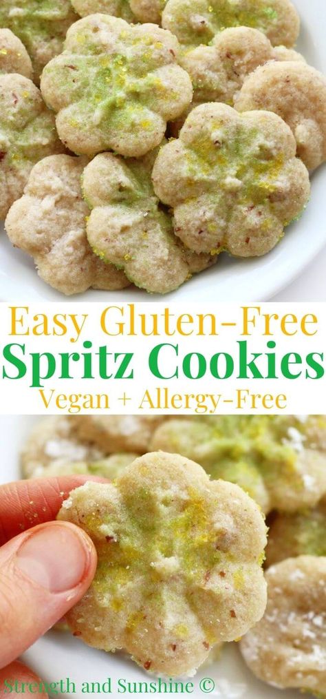 Gluten Free Spritz Cookies, Dairy Free Sugar Cookies, Allergy Free Baking, Dairy Free Deserts, Vegan Gluten Free Cookies, Spritz Cookie Recipe, Gluten Free Egg Free, Cookies Vegan, Spritz Cookies