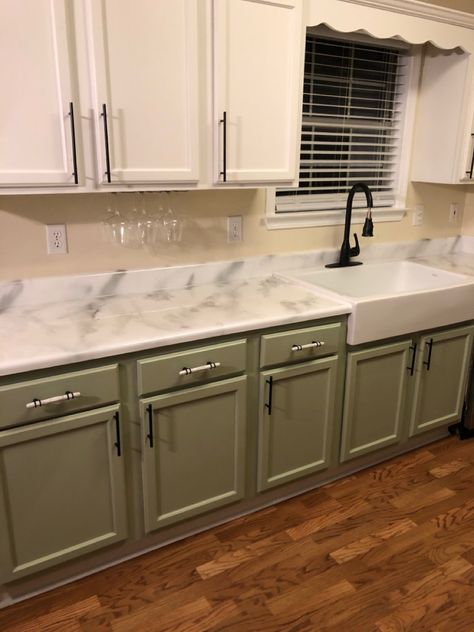 Green Laminate Countertops Kitchen, Liveable Green, Glazing Cabinets, Sw Pure White, Kitchen Countertops Laminate, Laminate Counter, Epoxy Countertop, House Makeover, Kitchen Transformation