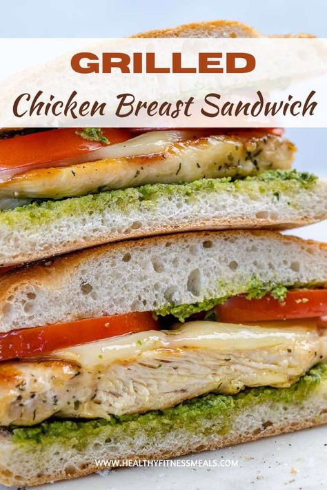 This Grilled Chicken Breast Sandwich is loaded with pesto, creamy mozzarella, sliced tomatoes, and grilled chicken. It is an easy and healthy sandwich recipe is perfect for lunch or dinner! #grilledchickenbreast #chickenbreast #pestosandwich #sandwich #grilledhchickensandwich Low Calorie Chicken Sandwich Recipes, Low Carb Chicken Sandwich Recipes, Grilled Chicken Blt Sandwich, Chicken Sandwich Ideas Healthy, Chicken Breast Sandwich Recipes, Paleo Grilled Chicken, Kale Casserole, Chicken Caprese Sandwich, Caprese Sandwich Recipe