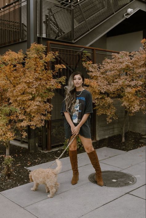 Wearing an oversized vintage Metallica band t-shirt thT I got from Urban Outfitters and paired with knee-high brown suede boots from Steve Madden Metallica Band, Oversize Tshirt Outfits, Brown Suede Boots, Tshirt Outfits, Brown Suede, Suede Boots, Oversized Tshirt, Brown Boots, Knee Boots