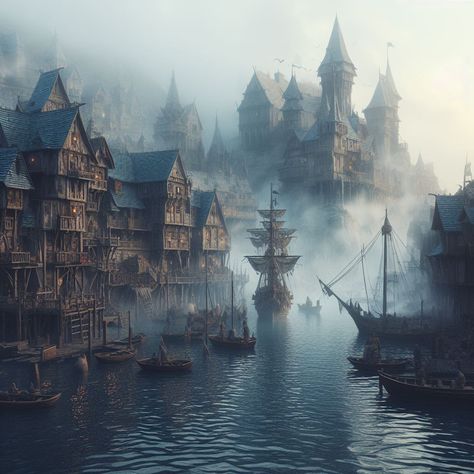 Port City Aesthetic, Waterdeep Aesthetic, Fantasy Coastal City, Pirate City, Fantasy Town, Landscape Photography Nature, Fantasy City, Fantasy Castle, Fantasy Story