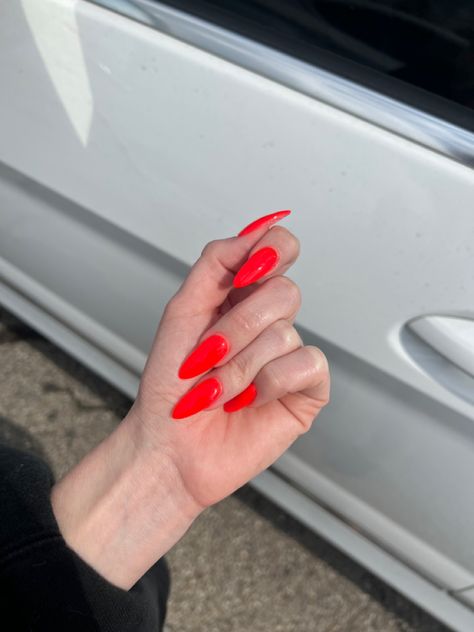 Neon Red Nails, Red Nails Almond, Almond Nails Red, Almond Stiletto, Neon Red, Almond Shape Nails, Seasonal Nails, Skin Nails, Nails Almond