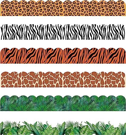 WILD ANIMAL DESIGN: This border sticker features a jungle animal and foliage print design that makes you feel like you are in the wild. Not only can it decorate the classroom so that the little ones can get closer to and understand nature, but it also has a special atmosphere for decorating bedrooms and parties. VALUE SET: The set contains 80 pieces of border decoration paper, a total of 6 styles (leopard, tiger, zebra, giraffe, palm leaves, mixed leaves), 12 pieces per style. Jungle Bulletin Boards, Tropical Leaf Decor, Jungle Theme Classroom, Safari Room, Back To School Classroom, Jungle Decorations, Classroom Welcome, Creative Teaching Press, Animal Cutouts