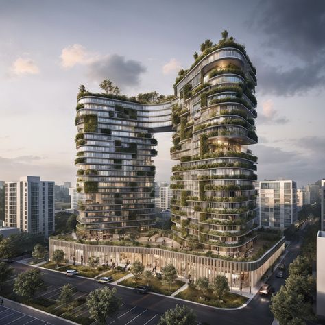 The future of architecture is GREEN? Futuristic symbiotic complex with green balconies, sun breakers, and louvers. A modern, sustainable living space harmonizing with nature. . . . #sustainablearchitecture #GreenDesign #AIArchitecture #UrbanOasis #FuturisticLiving #EcoFriendly #GreenBuilding #SmartDesign #UrbanJungle #EnvironmentalDesign #NatureIntegration #InnovativeArchitecture #SustainableLiving #GreenSpaces #ArchitecturalPhotography #EcoUrbanism #ModernLiving #SustainableFuture #Climate... Sun Breakers, Green Futuristic, Green Tower, Green Construction, Commercial Complex, Innovative Architecture, Green Street, Building Designs, Green Architecture