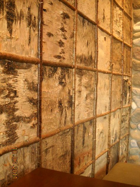 Little River casino wall made of squares of birch bark, very creative and looked so neat! Bark Wall, Cabin Kitchen, Cabin Kitchens, Birch Bark, Tree Bark, Wall Panels, Log Cabin, Home Remodeling, Bedroom Ideas