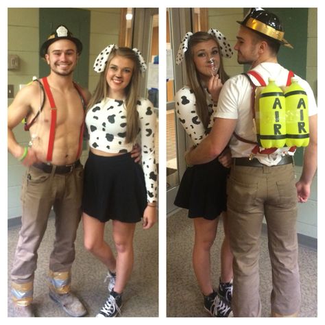 Halloween fireman and Dalmatian couples costume Fireman Dalmation Costume Couple, Fireman And Dalmatian Costume Couple, Dalmation Costume, Couple Costumes For Halloween, Halloween Couple Costumes, Firefighter Halloween, Fireman Costume, Dalmatian Costume, Halloween Costumes Diy Couples