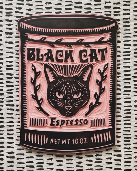 Freshly carved + freshly brewed. 🐈‍⬛ ☕️ A fun new block! (And before you ask, yes the image has been flipped so you can read the text!) This will a multilayer print, and I’m dreaming up color schemes now. Excited to get to printing with this one, it’s an idea I’ve had rolling around in my head for awhile now. Carved Stamps Ideas, Lino Block Printing Ideas, Linocut Text, Block Print Ideas, Stamp Art Ideas, Blockprint Ideas, Stamp Design Ideas, Block Printing Ideas, Simple Linocut