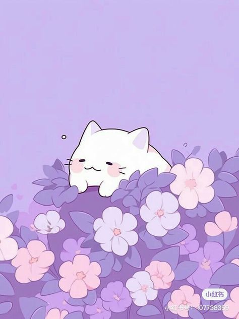 Cute Purple Cat Wallpaper, Kawaii Cat Illustration, Cat Kawaii Wallpaper, Purple Cat Wallpaper, Purple Kawaii Wallpaper, Soft Purple Background, Purple Flowers Wallpaper, White Cartoon, Purple Themes