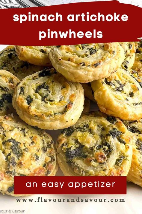 Spinach Artichoke PInwheels made with puff pastry are an easy finger food appetizer. Using either regular or gluten-free puff pastry, these crispy pinwheels are filled with a tantalizing mixture of cheese, artichokes and spinach! Spinach Artichoke Pinwheels, Artichoke Pinwheels, Artichoke Appetizer, Spinach Puff Pastry, Easy Finger Food, Puff Pastry Pinwheels, Spinach Puff, Gluten Free Puff Pastry, Puff Pastry Appetizers