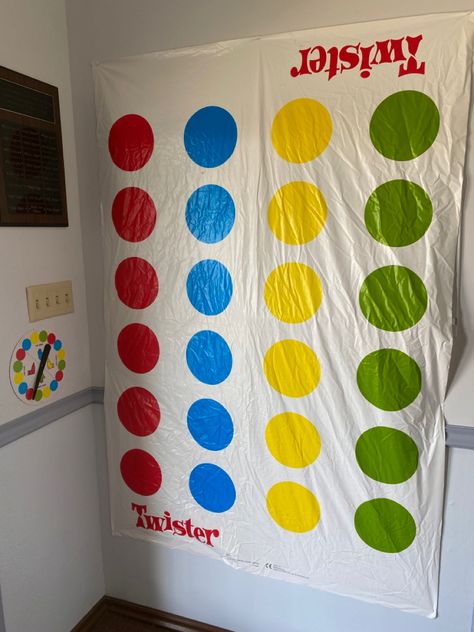 Twister Game Wall in Foyer. #vbs,#vacationbibleschool,#games,#twistsandturns Twister Decoration Ideas, Giant Twister Game Diy, Twister Game Decorations, Board Game Vbs, Vbs Board Game Theme Crafts, Vacation Bible School Games, Bible School Games, 2023 Decorations, Twister Game