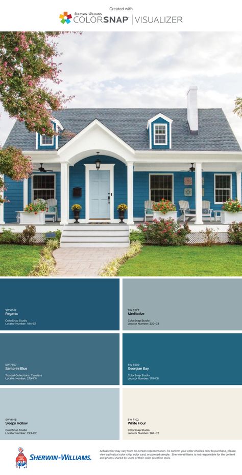 Bright Blue Home Exterior, Lake House Color Palette Exterior, Pale Blue Exterior House Colors, Medium Blue House Exterior, Bright Blue House Exterior, Blue Beach House Exterior, Blue Exterior Paint Colors For House, Light Blue House Exterior, Exterior Color Palettes