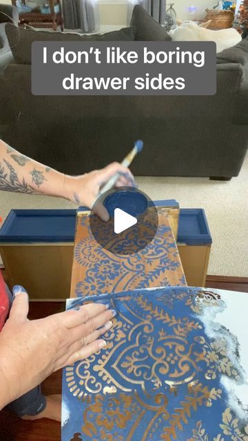 Meg on Instagram: "Y’all know I love updating drawer sides and this is one of my favorite stenciled time use on them 💙 #stencil #stencilart #lace #lacestencil #salvage_made_chic #painting #painter #paintedfurniture #furniture #vintage #vintagefurniture #vintagefurnitureflip #roadsiderescue #dresser #dressermakeover #upcycledfurniture #diy #refresh #furnitureflip #furnituretiktok #furnituretiktok #wip #smallbusinesscheck #northcarolina" Stencil On Furniture, Lace Stencil, Furniture Vintage, Dresser Makeover, Stencil Art, Flipping Furniture, Upcycled Furniture, Dresser Drawers, Vintage Furniture