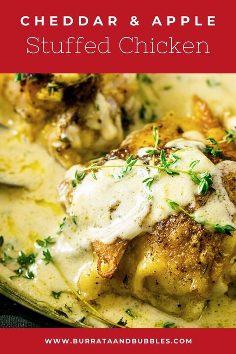 This cheddar and apple stuffed chicken recipe is the ultimate fall comfort food. We bake these cheddar and apple stuffed chicken thighs in a creamy garlic sauce for the perfect fall dinner recipe. #applestuffedchicken #fallcomfortfood #falldinnerrecipes #fallchickenrecipes #stuffedchickenthighs #stuffedchickenrecipes Apple Stuffed Chicken, Stuffed Chicken Thighs, Fall Chicken Recipes, Stuffed Chicken Recipe, Creamy Garlic Sauce, Fall Comfort Food, Gourmet Dinner, Favorite Recipes Dinner, Fall Dinner Recipes