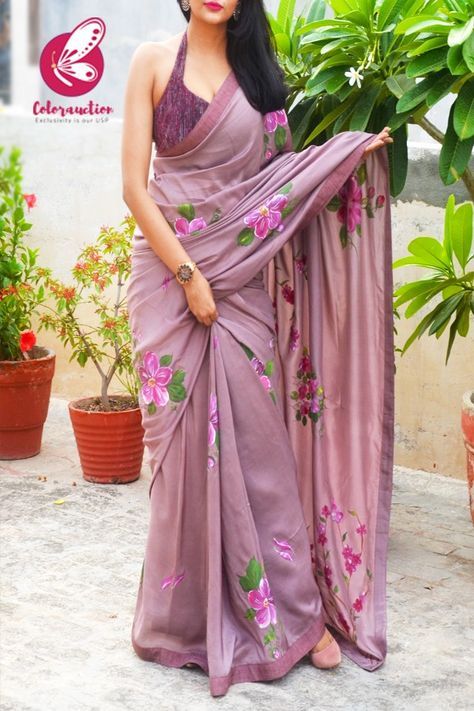 Mauvish Hand Painted Floral Pure Silk Chiffon Saree - Sarees Hand Painted Sarees Floral, Sifon Saree, Chiffon Saree Blouse Designs Latest, Saree Designs Latest, Pure Cotton Sarees, Painted Saree, Floral Sarees, Saree Painting Designs, Pure Chiffon Sarees