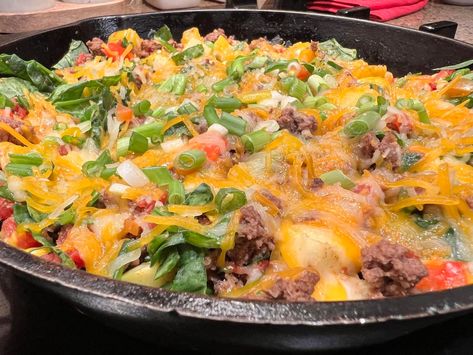 Cheesy Taco Vegetable Skillet, Vegetable Tacos, Vegetable Skillet, Cheese Tacos, Baby Kale, Rotel Tomatoes, One Skillet Meals, Skillet Meals, Green Chilies