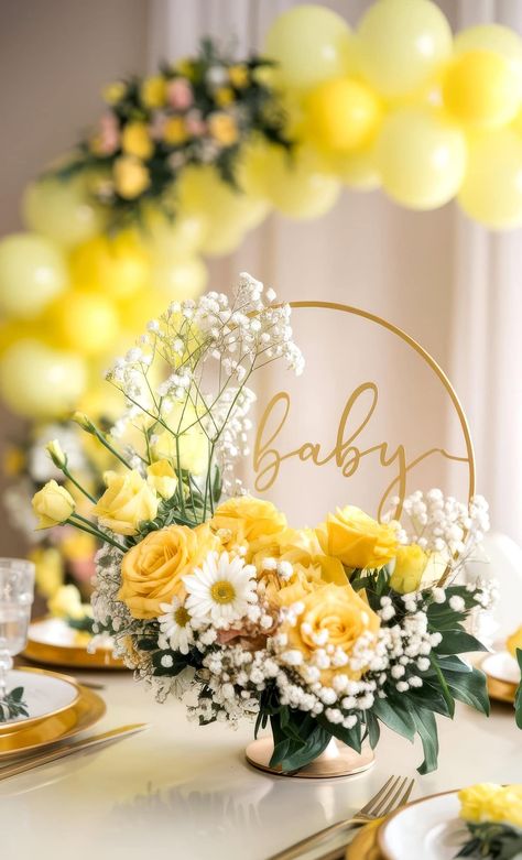 Baby Shower Centerpiece Ideas, Sunflower Baby Shower, Sunflower Baby Showers, Baby Shower Yellow, White Baby Showers, Gender Neutral Colors, Yellow Theme, Baby Shower Flowers, Budget Friendly Decor