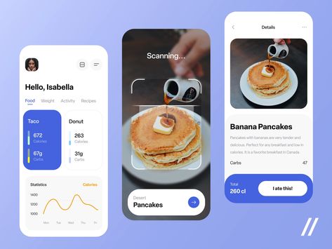 Calorie Counter App designed by Daria Kravets for Purrweb UI/UX Agency. Connect with them on Dribbble; the global community for designers and creative professionals. Calorie Counter App, Counter App, Nutrition App, Calorie Counter, Health App, Banana Pancakes, App Ui Design, App Ui, Food Lists