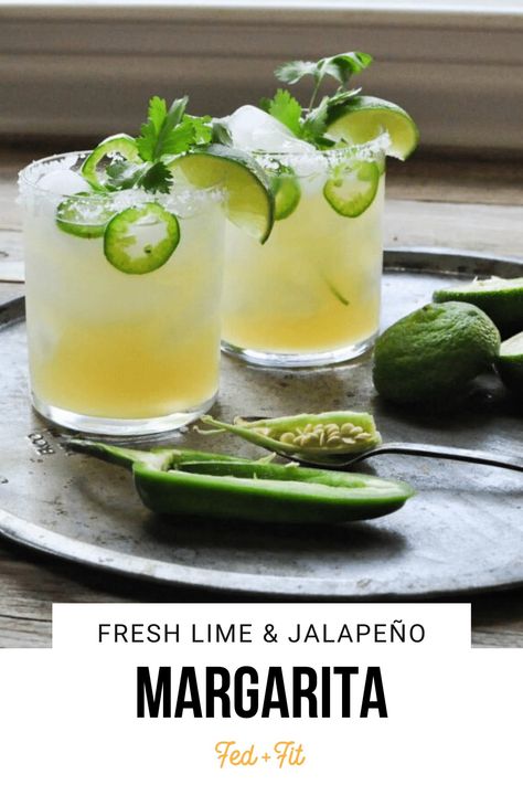 This fresh lime & jalapeno margarita is simply made with lime juice, silver tequila, honey, and some jalapeno + cilantro for a delicious Paleo twist. Fed And Fit, Jalapeno Margarita, Alcoholic Punch, Game Day Party, Lime Margarita, Healthy Living Recipes, Lemon Drink, Silver Tequila, Brunch Cocktails