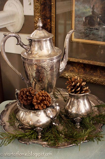 A hint a Christmas~ Time to polish the silver set! Natal Country, Christmas Tea Party, Silver Tea Set, Christmas Kitchen Decor, Silver Decor, Silver Tea, Christmas Tablescapes, Christmas Tea, Deco Floral