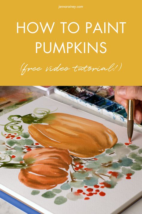 How To Paint Pumpkins, Pumpkin Watercolor Painting, Learning Watercolor, Jenna Rainey, Paint Pumpkins, Watercolor Videos, Pumpkin Watercolor, Learn Watercolor Painting, Watercolor Flowers Tutorial