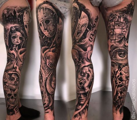 Evil Leg Tattoos, Evil Arm Sleeve Tattoos, Scary Movie Tattoos Leg Sleeve, Horror Tattoo Leg Sleeve, Goth Leg Sleeve Tattoo, Plus Size Leg Sleeve Tattoo, Horror Movie Tattoos Leg Sleeve, Horror Leg Tattoo, Halloween Leg Sleeve