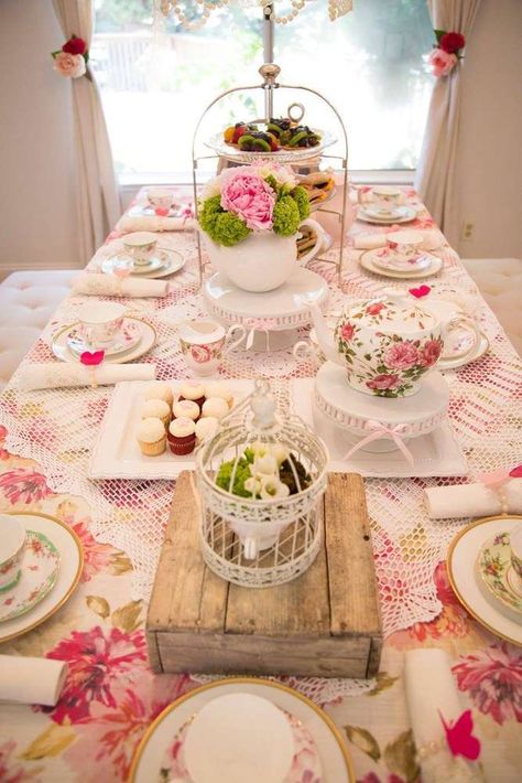 What a stunning tea party birthday party! See more party ideas at CatchMyParty.com! More Chip Dips, Spring Tea Party, English Tea Party, Tea Party Table, High Tea Party, Princess Tea Party, Tea Party Theme, Tea Party Food, Spring Tea