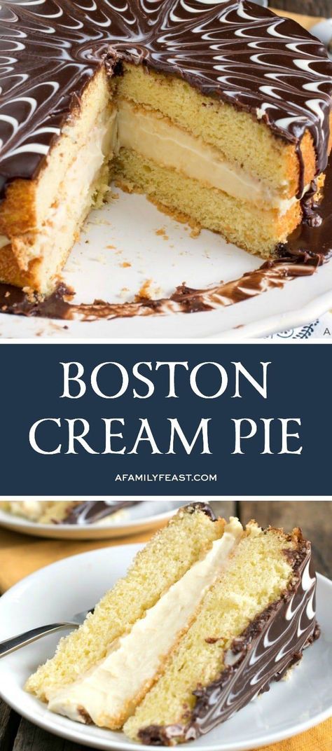 Boston Cream Pie is a buttery yellow sponge cake, filled with creamy custard, and topped with a chocolate ganache. Esterhazy Torte, Boston Cream Pie Recipe, Boston Cream Cake, Sponge Cakes, Boston Cream Pie, Cream Pie Recipes, Boston Cream, Pie Cake, Cake Servings