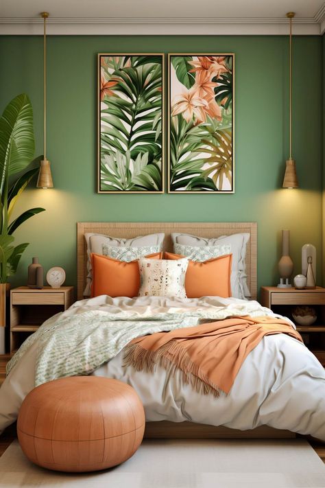 Hawaiian Bedroom Ideas, Hawaiian Bedroom, Small Modern Bedroom, Tropical Interior Design, Stile Boho Chic, Tropical Interior, Tropical Bedrooms, Bedroom Orange, Tropical Home Decor