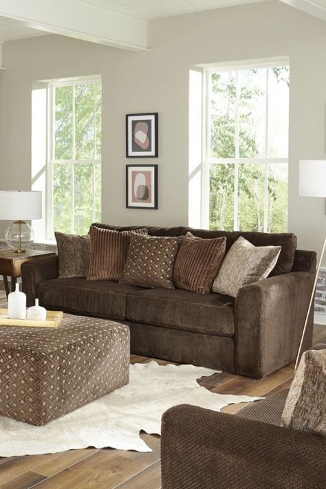 Get ready for the extra thick cushions on the Midwood set that will keep you comfy for years to come! 🌿Comfort Coil seating 🌿Steel Tech framing 🌿Plush textured fabric 🌿Mix of contemporary toss pillows Brown Sofa Cushion Ideas, Dark Brown Sofas, Transitional Sofa, Chocolate Sofa, Square Arm Sofa, Contemporary Pillows, Brown Sofa, Bedding Brands, Seat Design