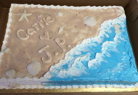 Sandy Beach Engagement Cake - Mueller's Bakery Beach Theme Sheet Cake, Beach Sheet Cake, Surfing Cakes, Gelatin Cakes, Moana Cakes, Beach Bakery, Levi Birthday, Baby Shower Sheet Cakes, Wedding Sheet Cakes