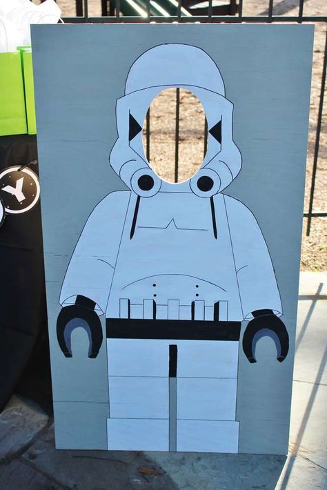 William's Star Wars Lego 5th Birthday Party | CatchMyParty.com Lego Star Wars Birthday Party Decoration, Star Wars Photo Backdrop, Star Wars Photo Booth, Lego Star Wars Birthday, Lego Star Wars Party, Birthday Star Wars, Birthday Party Photo Booth, 18th Party, Star Wars Theme Party