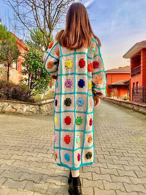 Long Cotton Cardigan, Rainbow Granny Square, Granny Square Cardigan, Crochet Jacket Pattern, Square Cardigan, Rose Sweater, Colored Cardigans, Crochet Jacket, Crochet Rose