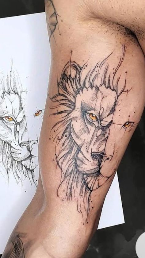 New School Tattoos, Bicep Tattoos, Lion Forearm Tattoos, Geometric Lion Tattoo, Inner Arm Tattoos, Inner Bicep Tattoo, Lion Tattoo Sleeves, Female Tattoos, Tattoo Trend