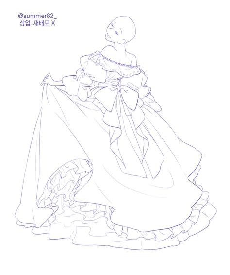 Drawing Reference Dress Pose, Manga Dress Reference, Side Profile Dress Drawing, Big Dress Drawing Reference, Princess Art Reference Pose, Formal Dress Drawing Reference, Ballgown Reference Drawing, Queen Art Reference, Ballgown Poses Drawing Reference