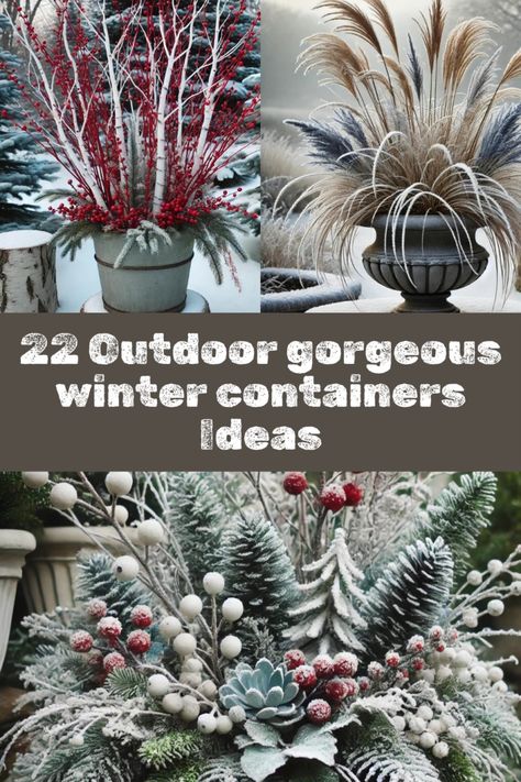 22 Outdoor Gorgeous Winter Containers Ideas to Transform Your Space Outdoor Planters Winter, Christmas Outdoor Pots Front Doors, Rustic Container Garden Ideas, Winter Plant Pot Ideas, Outdoor Potted Plants For Winter, Evergreen Arrangements Outdoor, Winter Outside Decor Pots & Planters, Winter Outdoor Flower Pot Ideas, Outdoor Winter Pots Planters