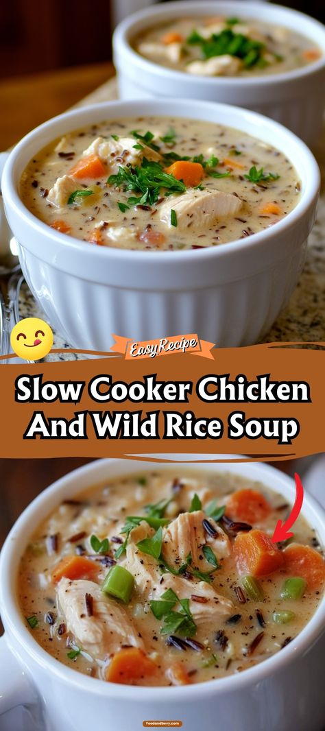 Let your slow cooker do the work with this Chicken and Wild Rice Soup. It's a hearty mix of juicy chicken, nutty wild rice, and fresh veggies simmered to perfection. A wholesome and effortless meal for busy days. #SlowCookerMeals #HeartySoup #EasyDinner Wild Rice Soup Crockpot, Chicken And Wild Rice Soup, Chicken Soups, Chicken Wild Rice, Slow Cooker Creamy Chicken, Chicken Wild Rice Soup, Creamy Chicken And Rice, Rice Soup Recipes, Chicken And Wild Rice