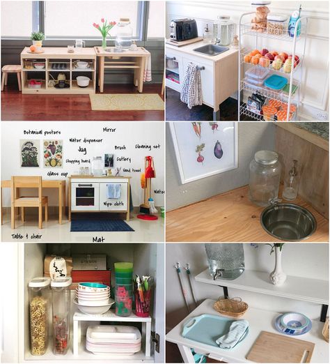 Real Montessori kitchen and snack area from around the world at How we Montessori Montessori Self Serve Snack, Montessori Meal Time, Montessori In Small Apartment, Montessori Set Up At Home, Montessori Eating Area, Montessori Pantry, Montessori Kitchen Tools, Montessori Breakfast Station, Diy Montessori Kitchen Station