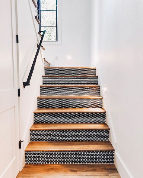 Penny Tile Entryway, Dc Apartment, Entryway Tile, Farmhouse Coastal, Tile Stairs, Penny Tile, Stair Landing, Victorian Farmhouse, Stair Risers