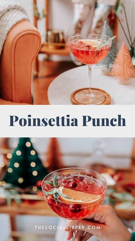 Looking for a fun holiday cocktail for the Christmas season? Try this poinsettia punch for a festive holiday drink that you can make as a batch drink for holiday parties. #holidaycocktails #holidaydrinks Easy Christmas Batch Cocktails, Christmas Cocktail Station, Batched Christmas Cocktails, Christmas Wine Punch, Christmas Pitcher Drinks, Holiday Cocktail Pitcher, Batch Cocktails Christmas, Holiday Batch Cocktails, Christmas Cocktail Punch