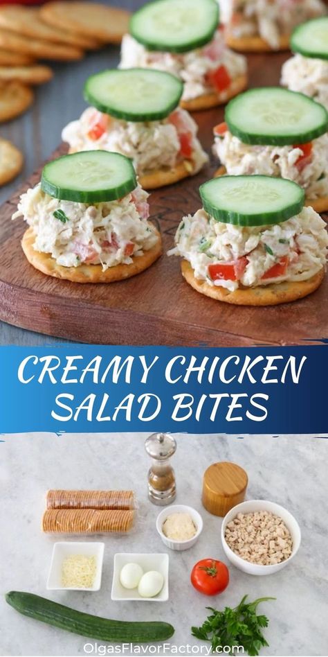 Creamy Chicken Salad bites served on crunchy crackers are such a simple and satisfying appetizer, lunch or snack. Put your leftover chicken to good use and make this delicious chicken salad with some eggs, cheese, tomato – all staple ingredients that you probably have in your kitchen already. The crisp and juicy cucumber tops it all off perfectly. Chicken Salad Bites, Savory Chicken Salad, Chicken Salad Appetizer, Creamy Chicken Salad, Salad Bites, Crackers Appetizers, Cracker Toppings, Delicious Chicken Salad, Cucumber Bites