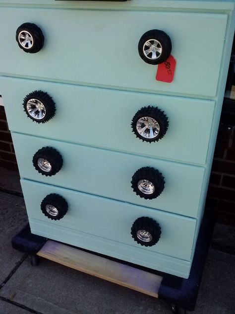 Dresser with toy car wheels for drawer pulls Wheels Drawing, Truck Bedroom, Car Themed Bedrooms, Truck Room, Cars Room, Car Bedroom, Toddler Boys Room, Boy Car, Car Themes