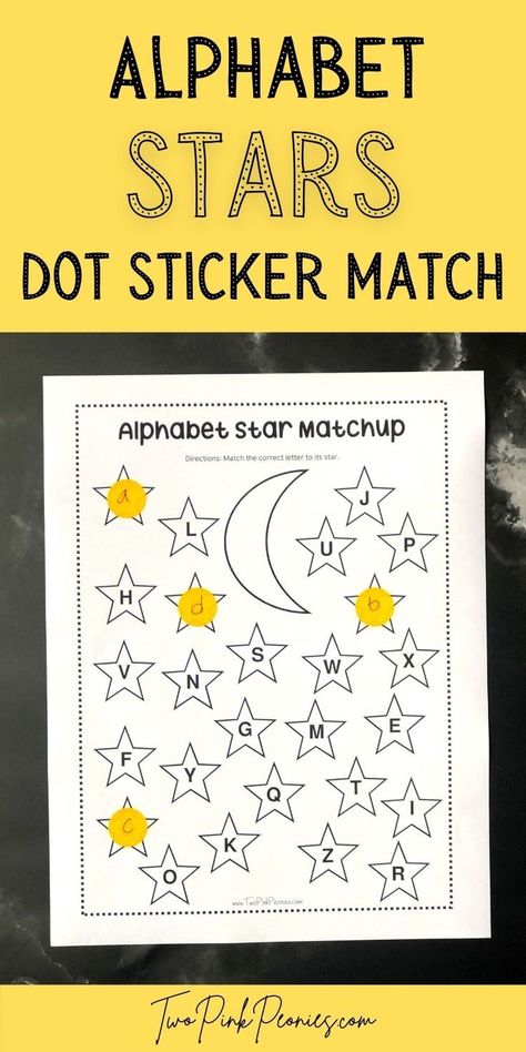 Image with text that says, "Alphabet Stars dot sticker match" with an image of the printable with dot stickers on it below it Dot Marker Printables, Dot Letters, Sticker Printable, Dot Stickers, Alphabet Matching, Do A Dot, Letter Matching, Dot Markers, Alphabet Stickers