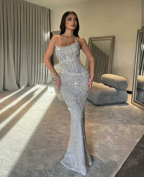 Silver Dresses Elegant, Silver Rhinestone Dress, Diamond Prom Dresses, Md Dresses, Elegant Green Dresses, Orange Long Dresses, Matric Dress, Silver Prom Dress, Prom Dress Inspo